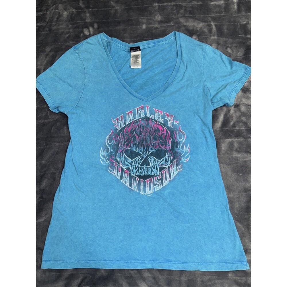 Electric City Harley Davidson Graphic T-Shirt - Large Blue Cotton